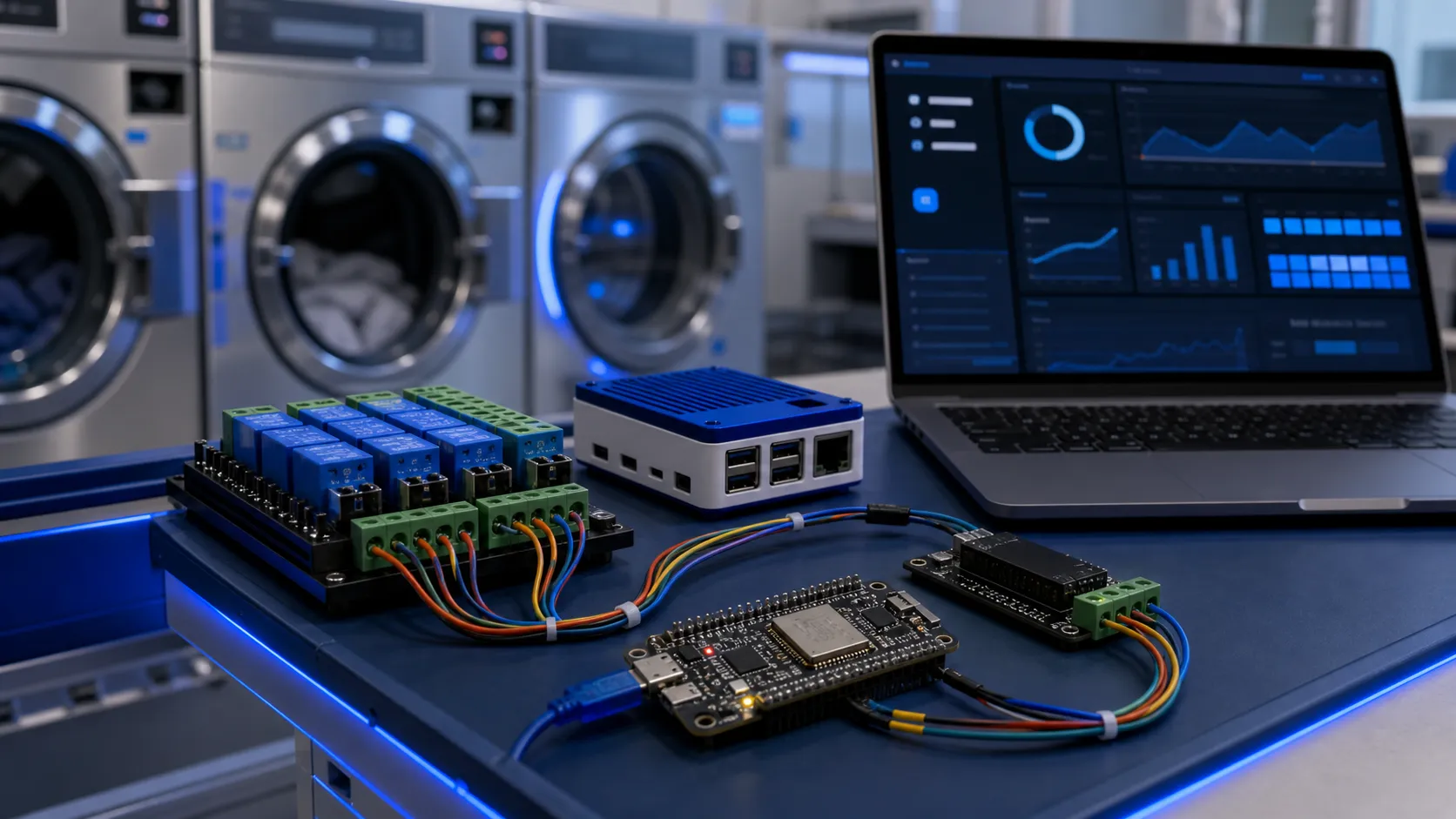 Mesa de ingeniería con ESP32, gateway local y supervisión de una lavandería